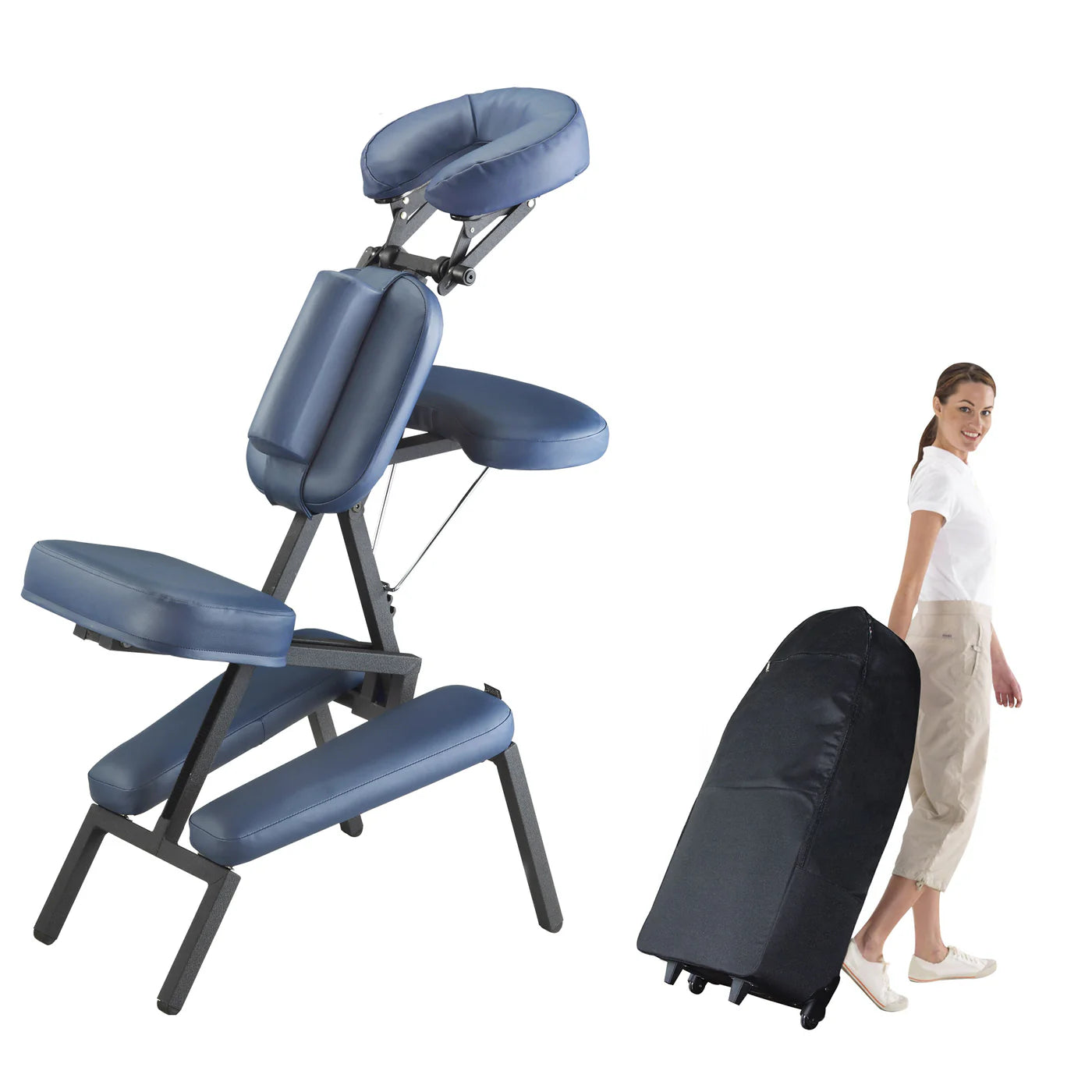 Master Massage PROFESSIONAL Portable Massage Chair with wheeled carrying case shown.