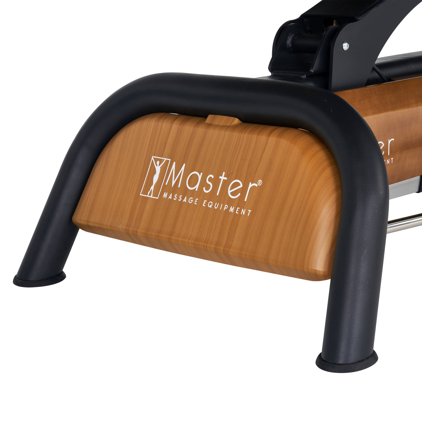Close-up of a Master Massage Atlas Deluxe Spa Bed leg featuring Powerlift Height and branding.
