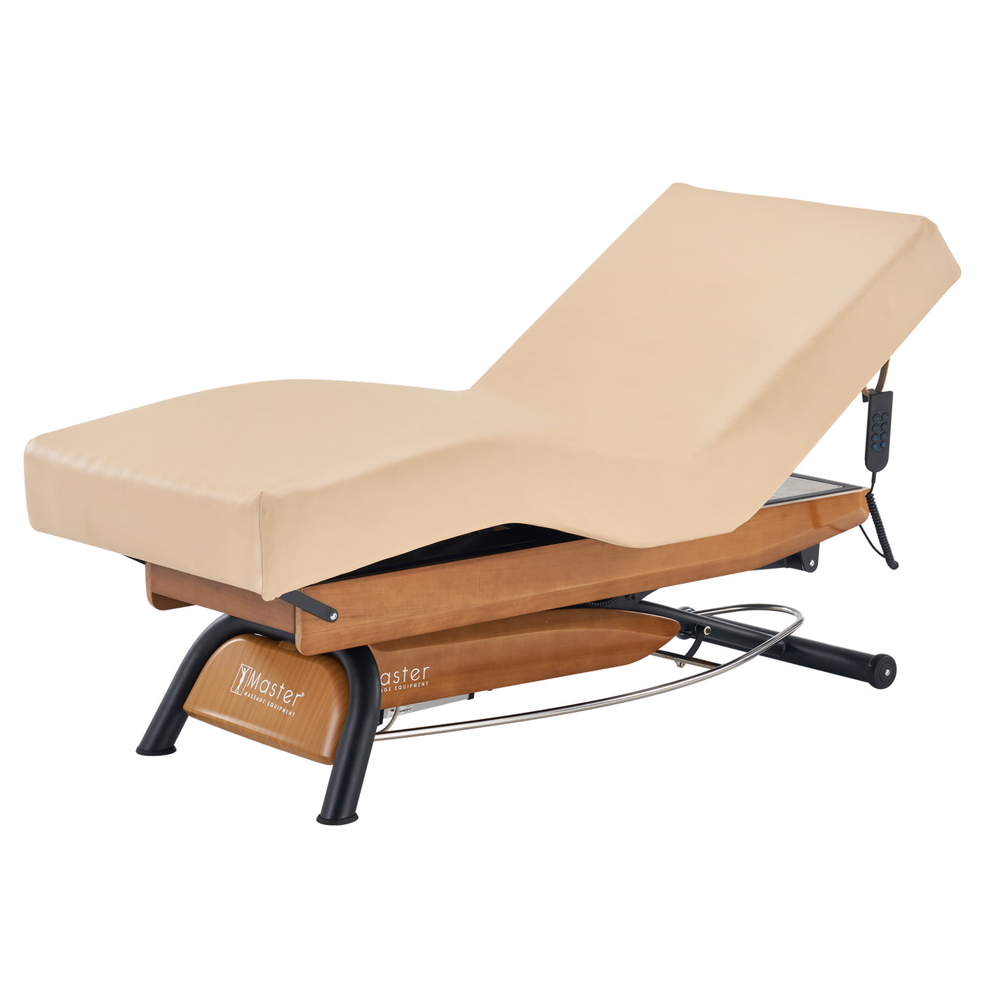 Master Massage Atlas Deluxe Spa Bed with electric lift, wood base, remote & beige upholstery.
