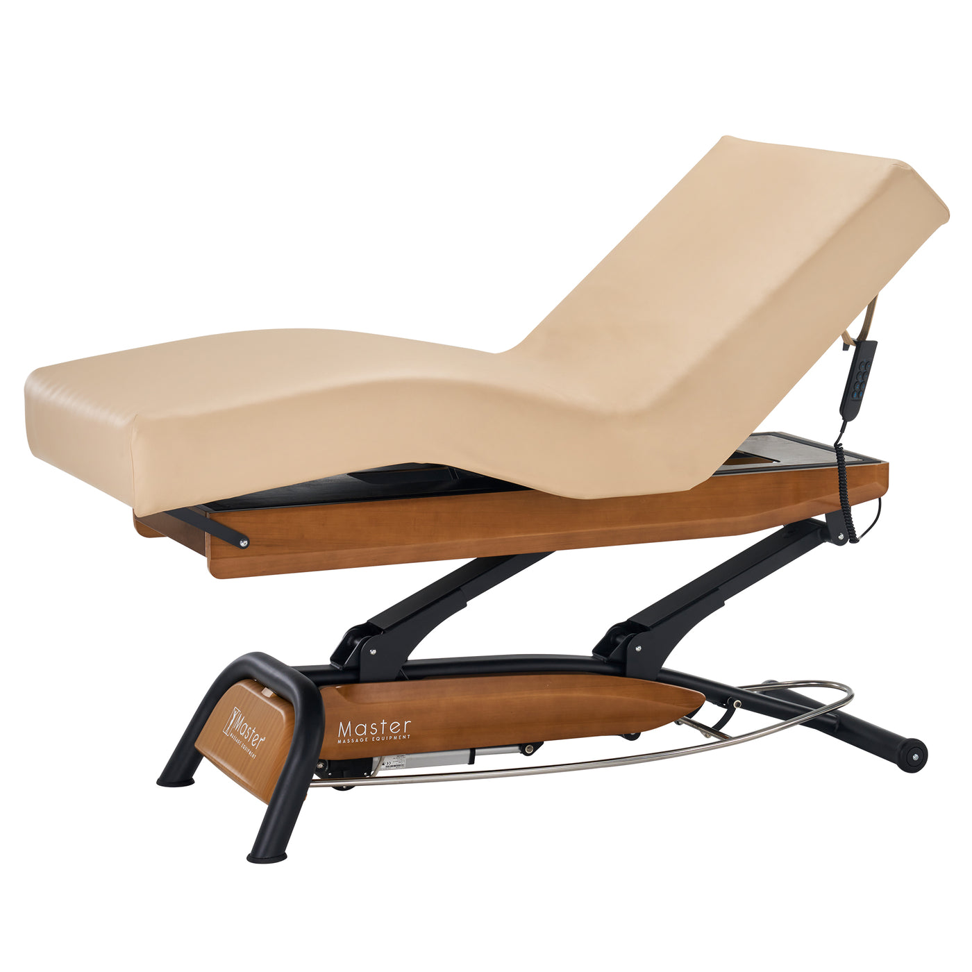 Master Massage Atlas Deluxe Electric Lift Bed, beige, wood base, Powerlift shown raised.
