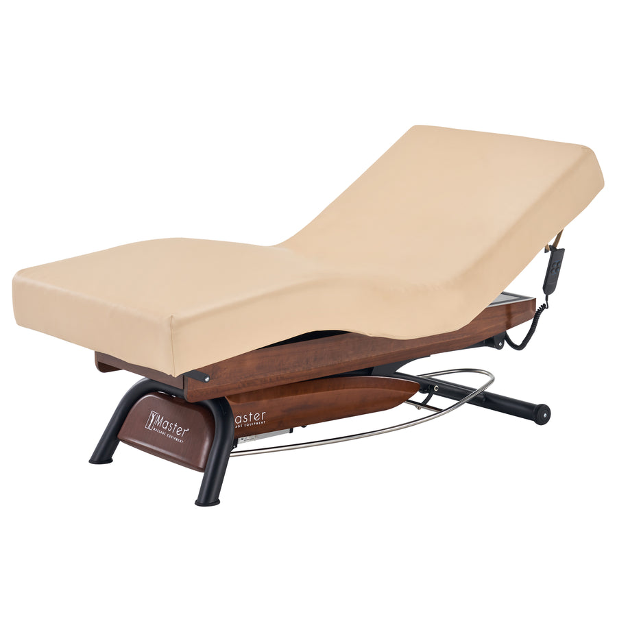 Master Massage Atlas Deluxe Electric Lift Spa Bed with wood base and electronic controls.