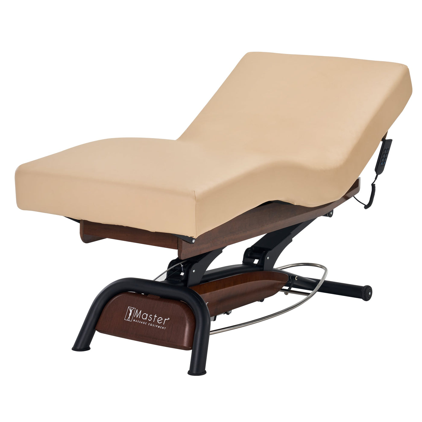 Master Massage Atlas Deluxe Electric Lift Spa Bed with remote and sturdy black-wood base.