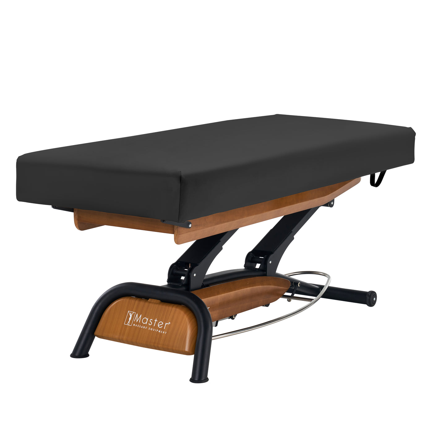 Master Massage Atlas Flat Electric Lift Spa Bed with black elevaFlex padding, angled view.