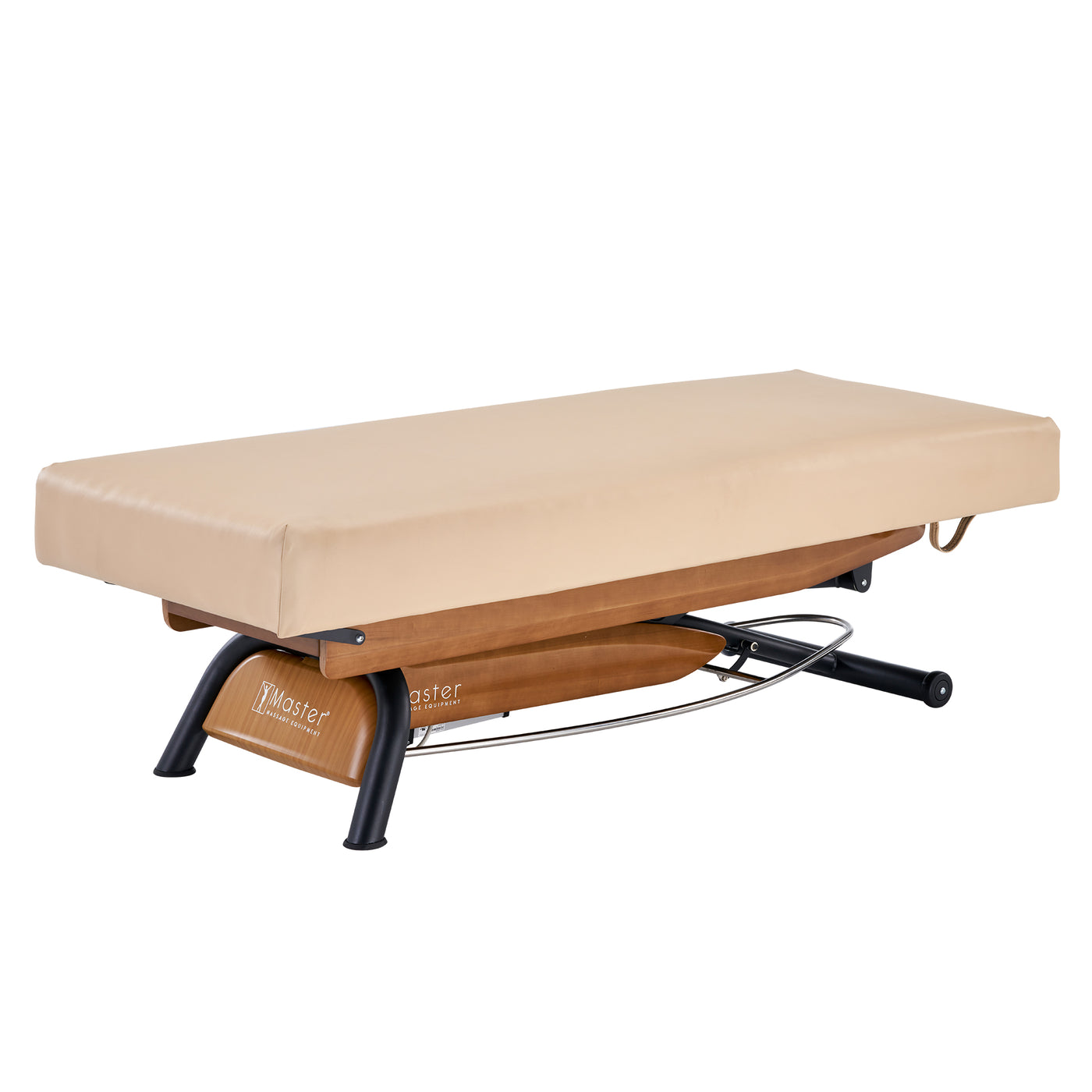 Master Massage Atlas Flat Electric Lift Spa Bed with elevaFlex padding and storage shelf.