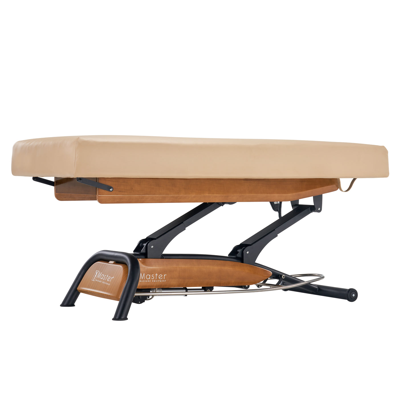Master Massage Atlas Flat Electric Lift Bed with beige elevaFlex padding and wooden base, side view.