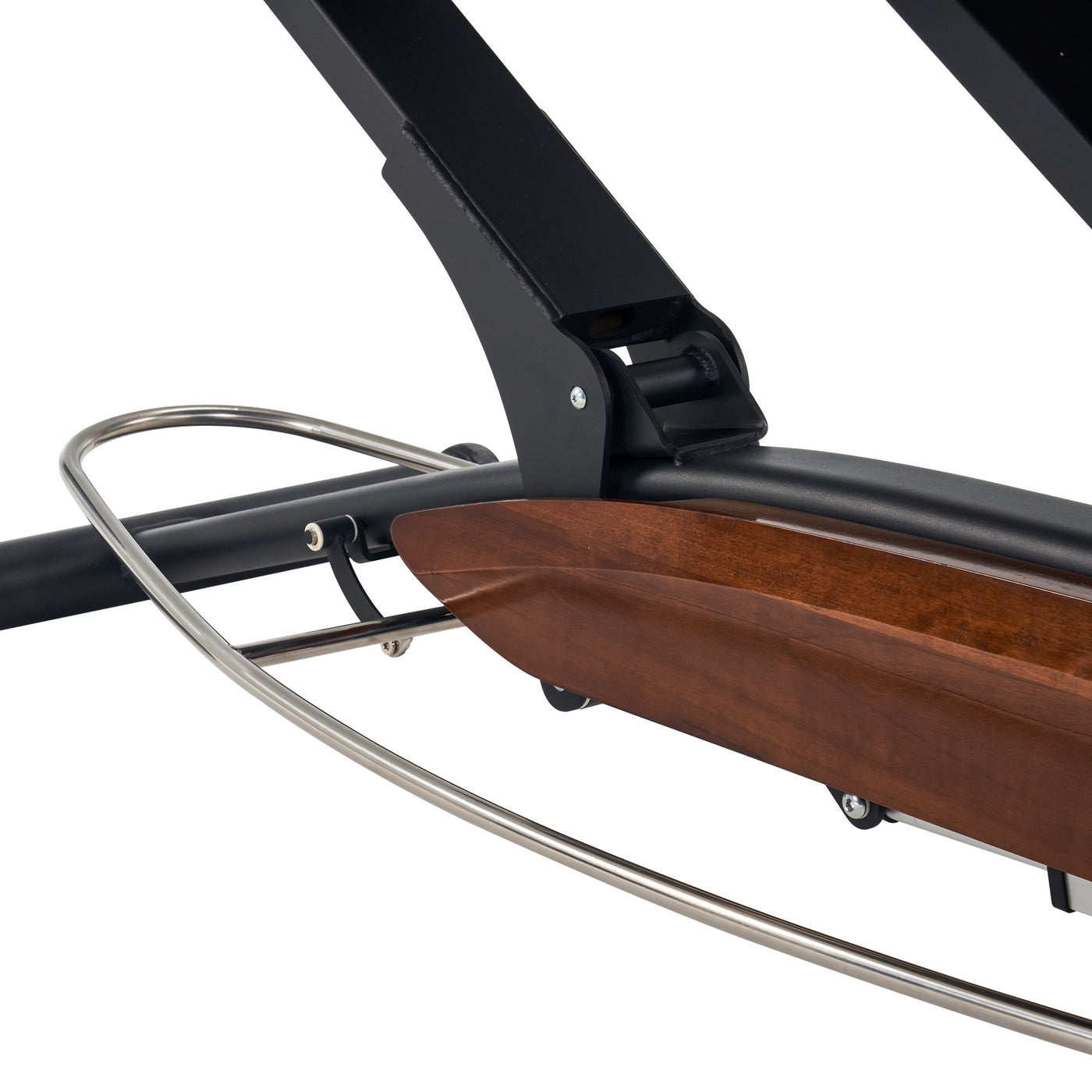 Close-up of the Master Massage Atlas bed’s seat rail with plush elevaFlex padding and wood detail.