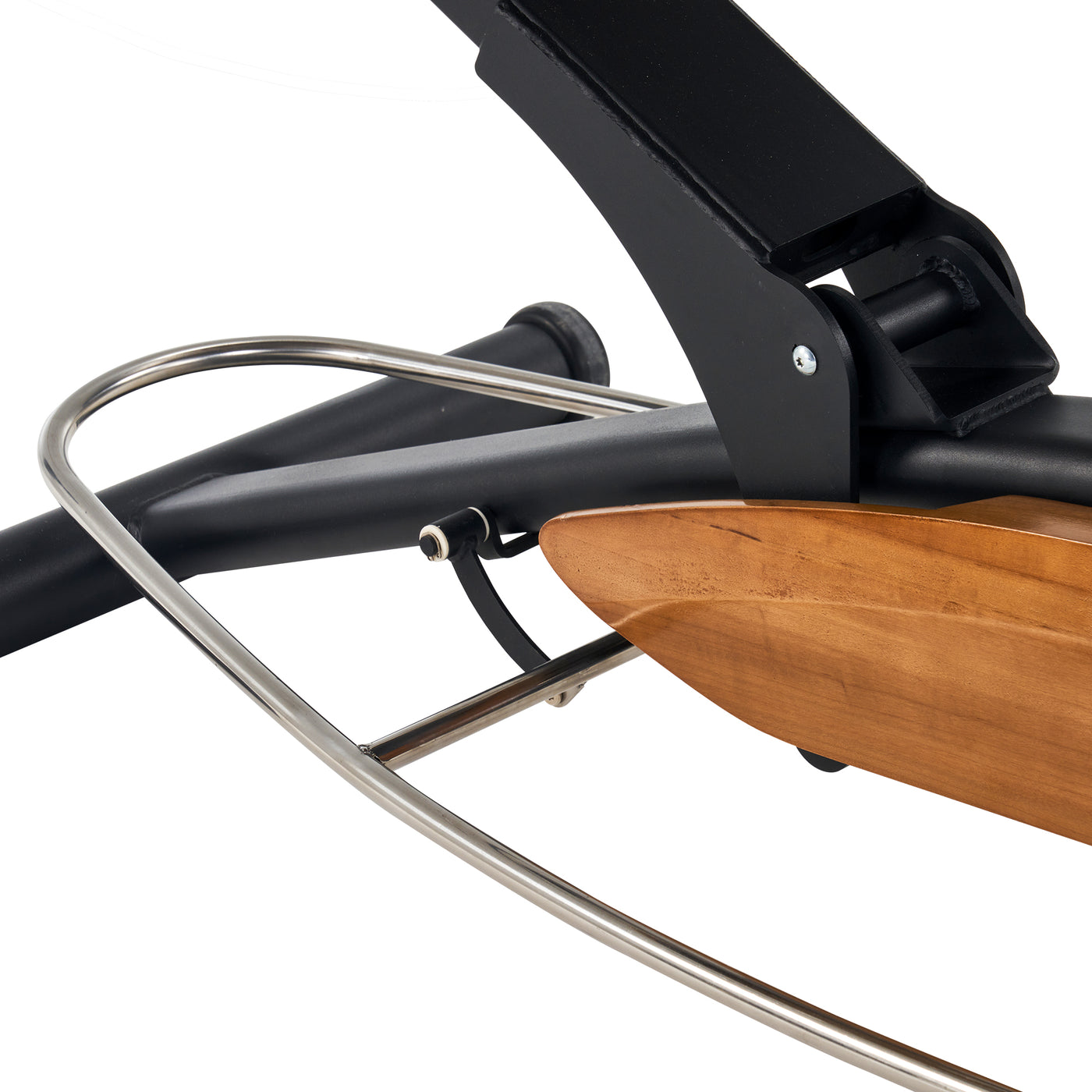Close-up of Master Massage Atlas Liftback bed’s black metal frame with wood accent and curved bar.