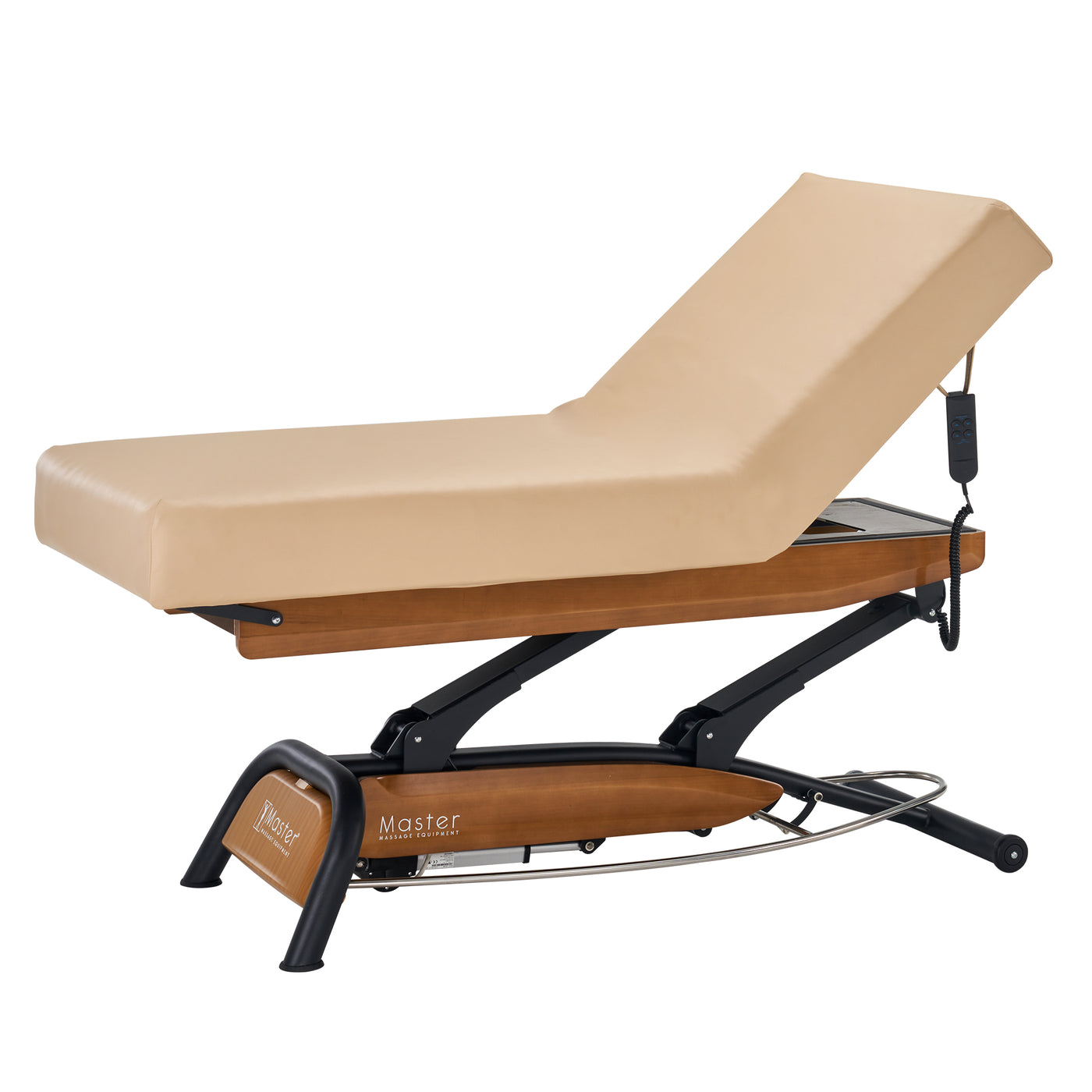 Master Massage Atlas Liftback spa bed, electric lift, beige, ElevaFlex padding, wood base.