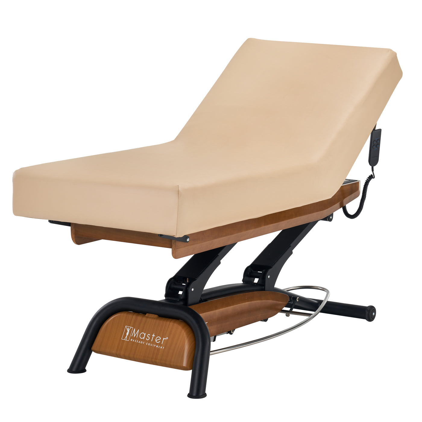 Master Massage Atlas Liftback electric spa bed with wooden base and remote, beige, ElevaFlex padded.