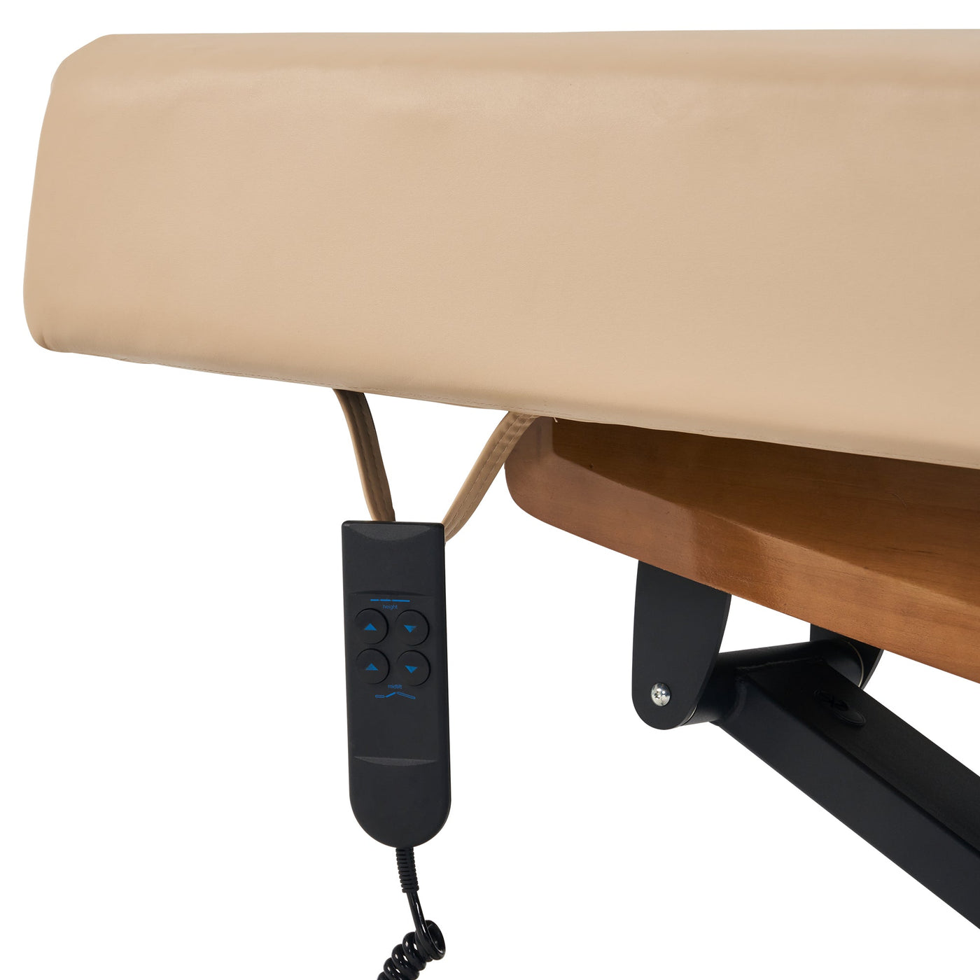 Remote control hanging from the side of a beige Master Massage Atlas Liftback electric bed.