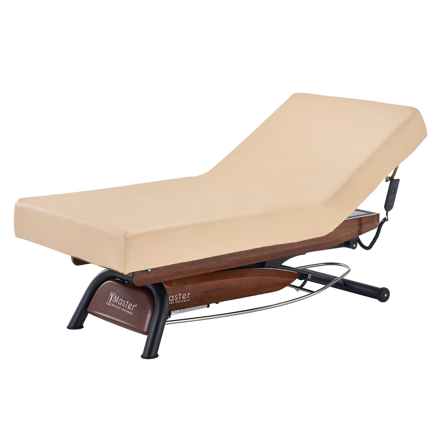 Master Massage Atlas Liftback bed with ElevaFlex padding, on a wood and metal base.
