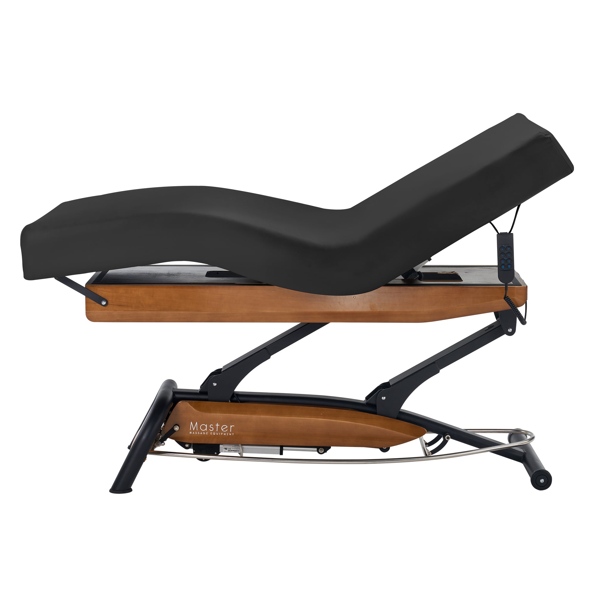 Master Massage Atlas Deluxe Electric Lift Spa Bed with black cushioned top, reclined position.