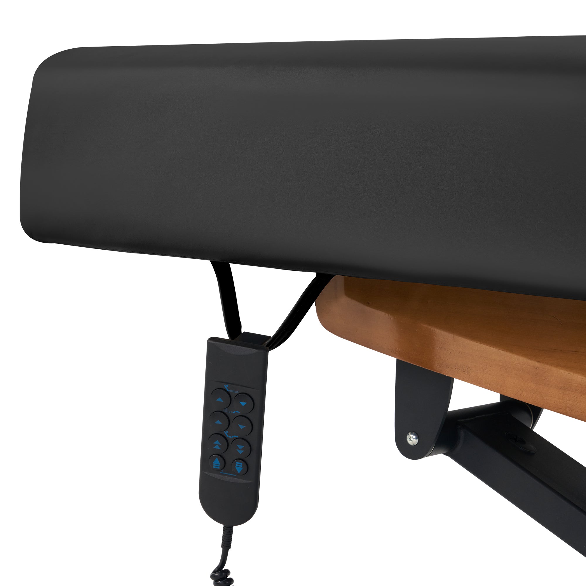 Close-up of Master Massage Atlas Deluxe Bed corner with remote for electric height adjustment.