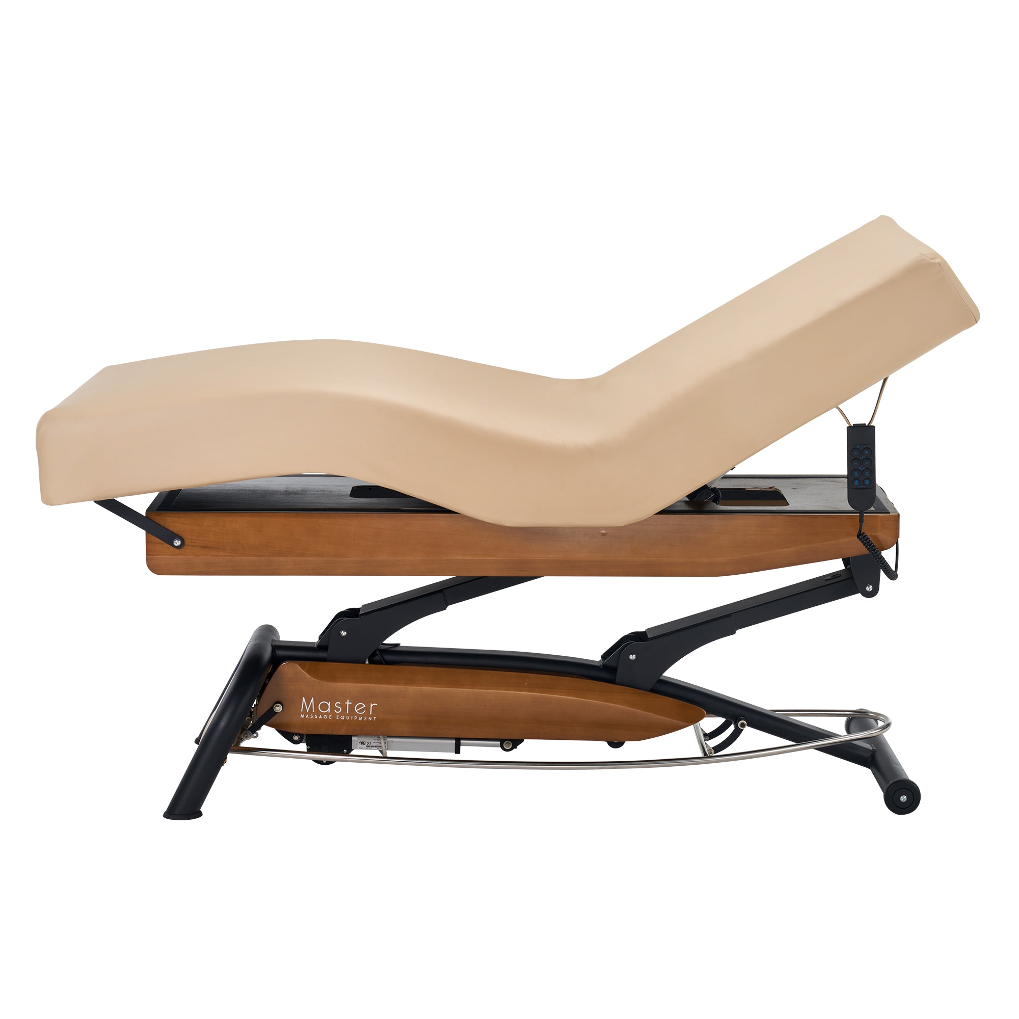 Master Massage Atlas Deluxe Electric Lift Spa Bed, beige upholstery, wood frame, raised position.