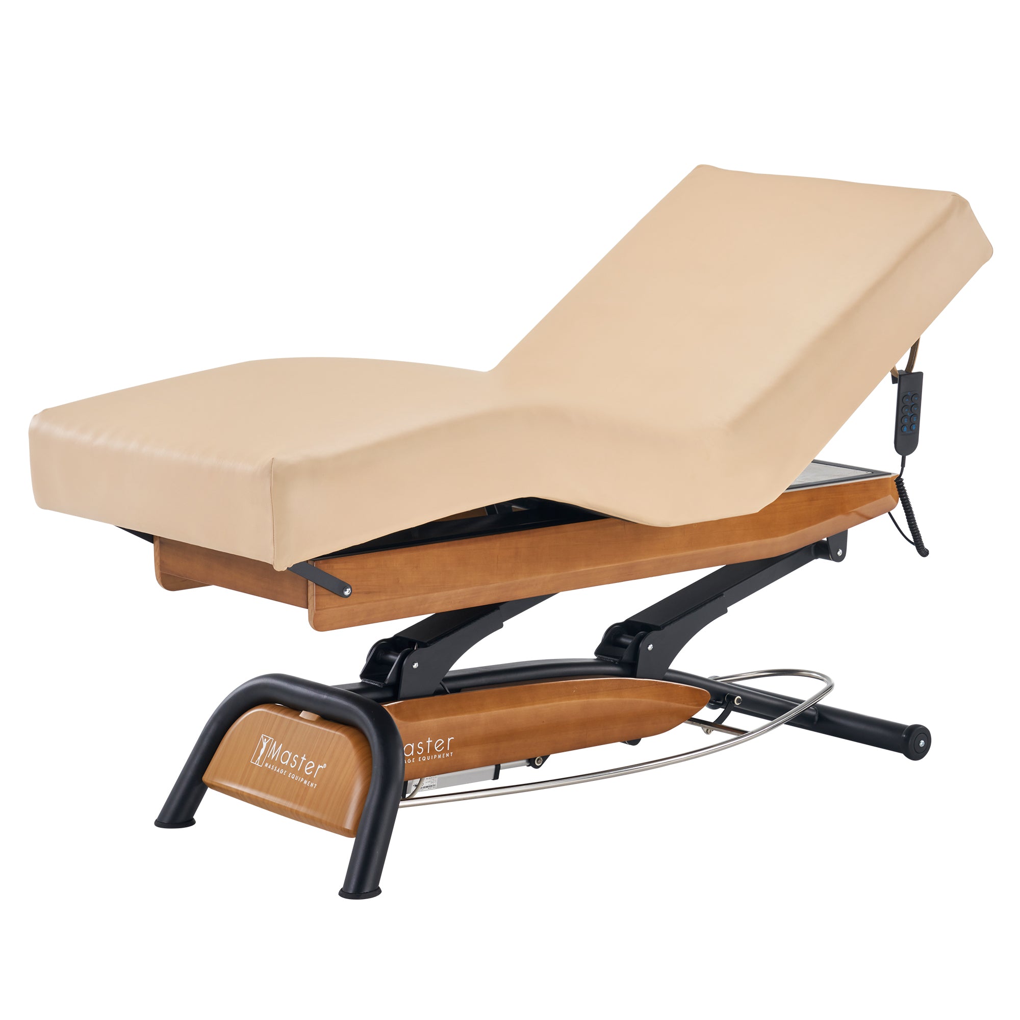Master Massage Atlas Deluxe Electric Lift Bed: Adjustable beige salon table with remote control.