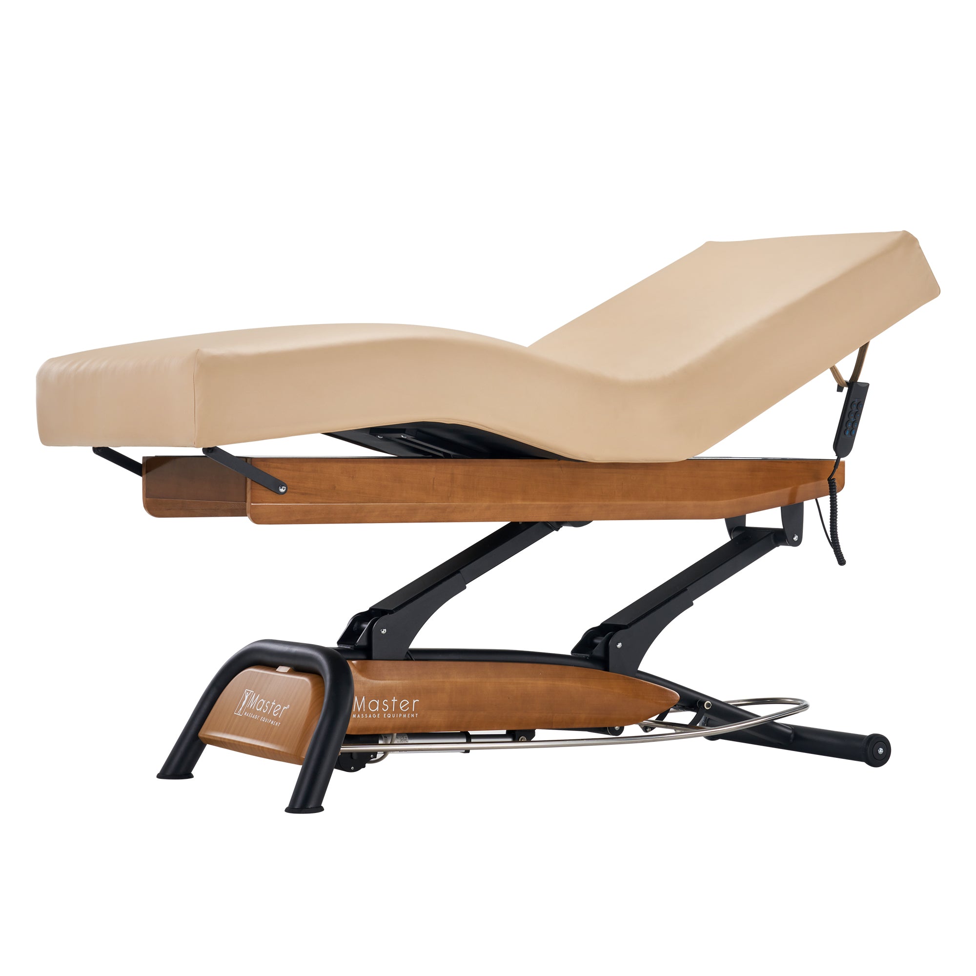 Master Massage Atlas Deluxe Electric Lift Spa Bed with wood/metal base, shown on white background.