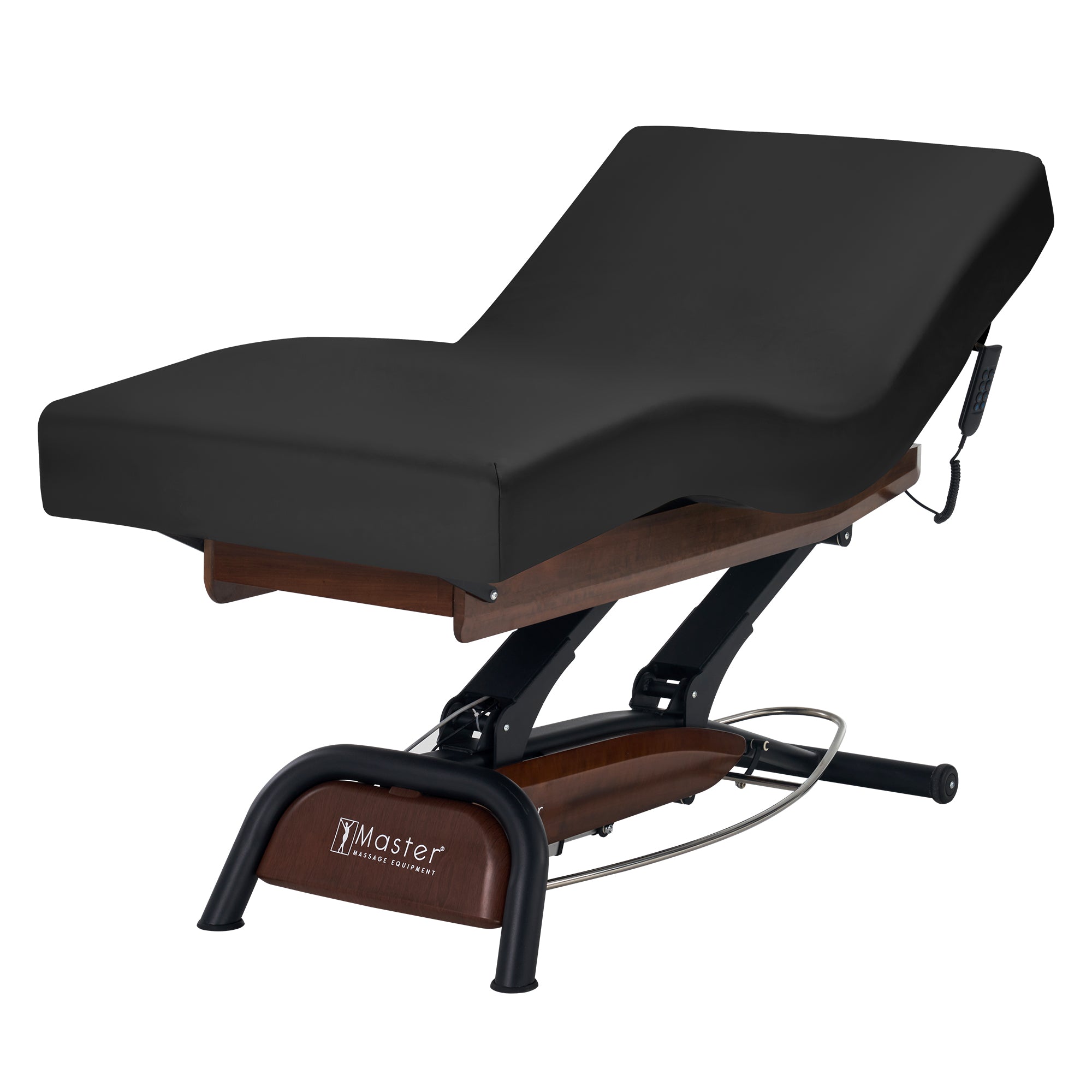 Master Massage Atlas Deluxe Electric Lift Spa Bed, dark wood & metal base, shown reclined.