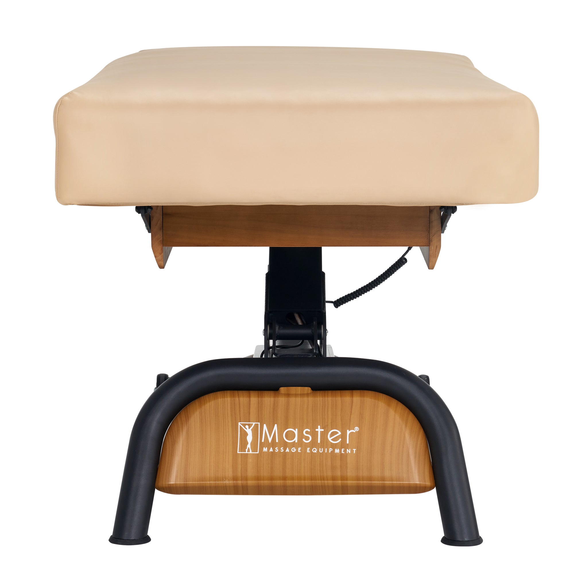 Front view of Master Massage Atlas Flat Electric Lift Spa Bed with elevaFlex padding, beige.