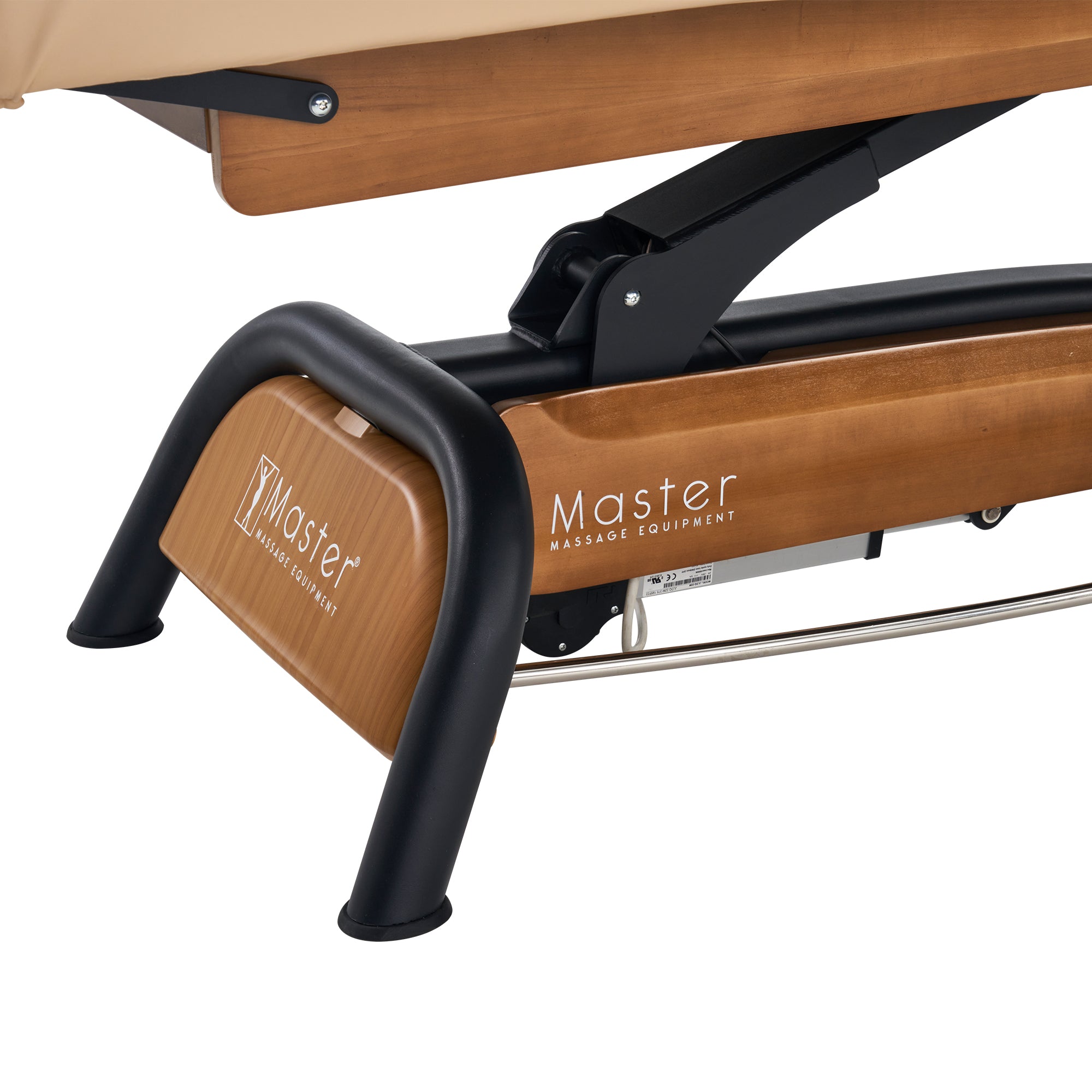 Close-up of Master Massage Atlas Flat Electric Lift Bed with elevaFlex padding in black and wood.