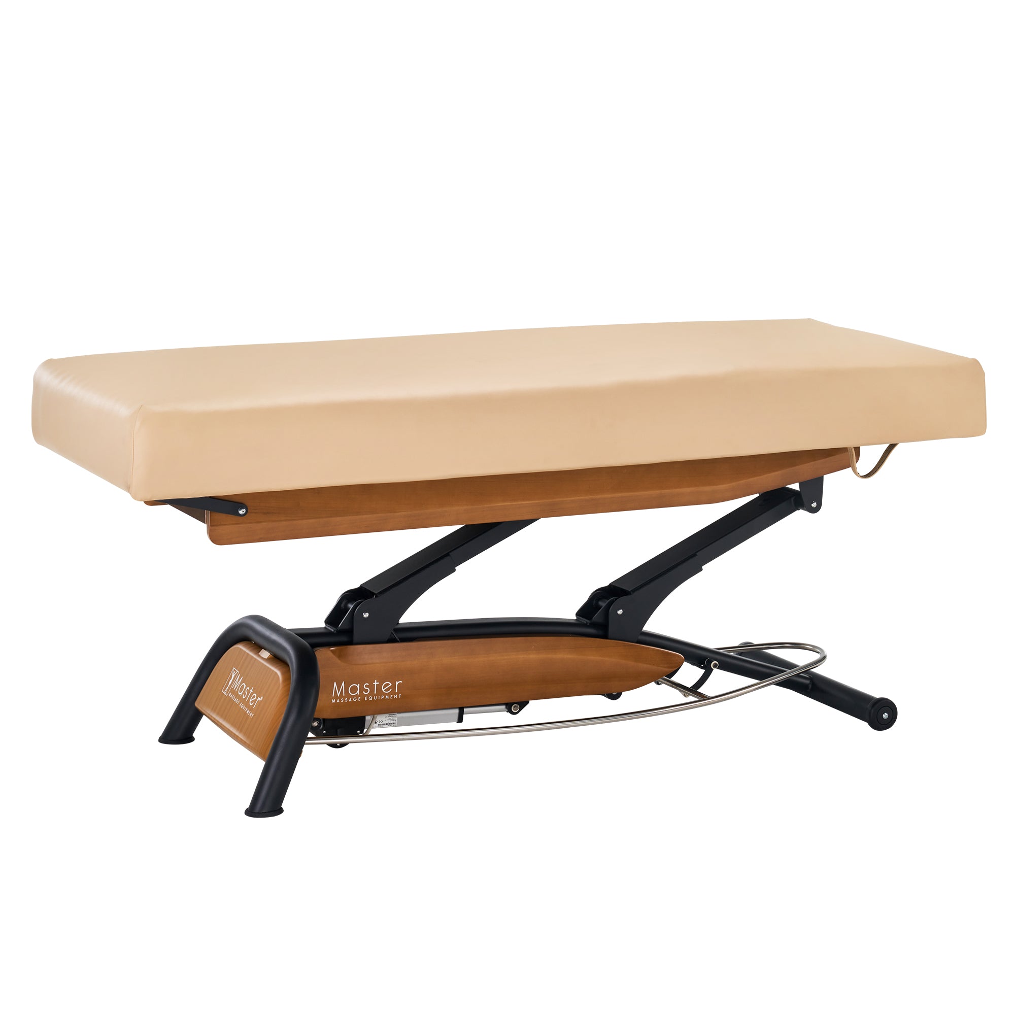 Master Massage Atlas Flat Electric Lift Bed with elevaFlex, black metal/wood base, beige.