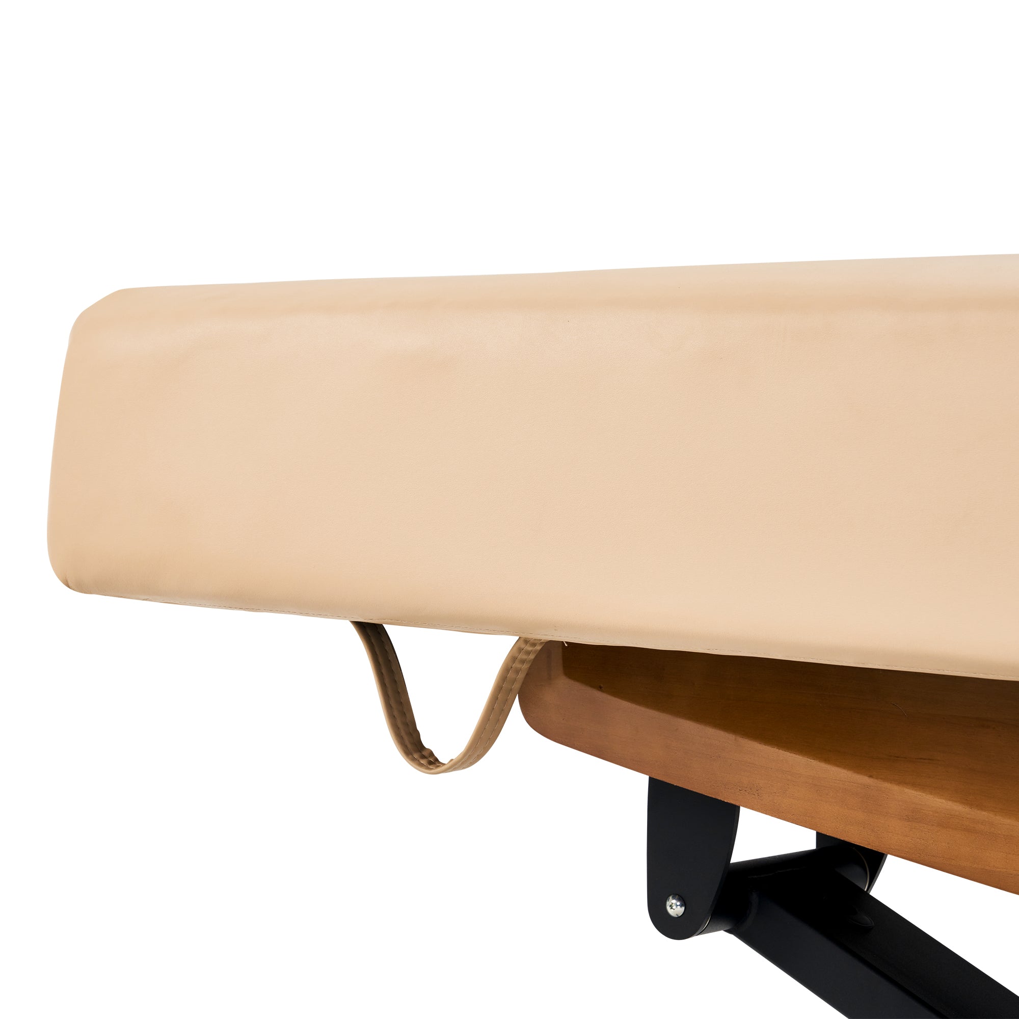 Close-up of Master Massage Atlas Flat Electric Lift Bed with elevaFlex padding and wood frame.