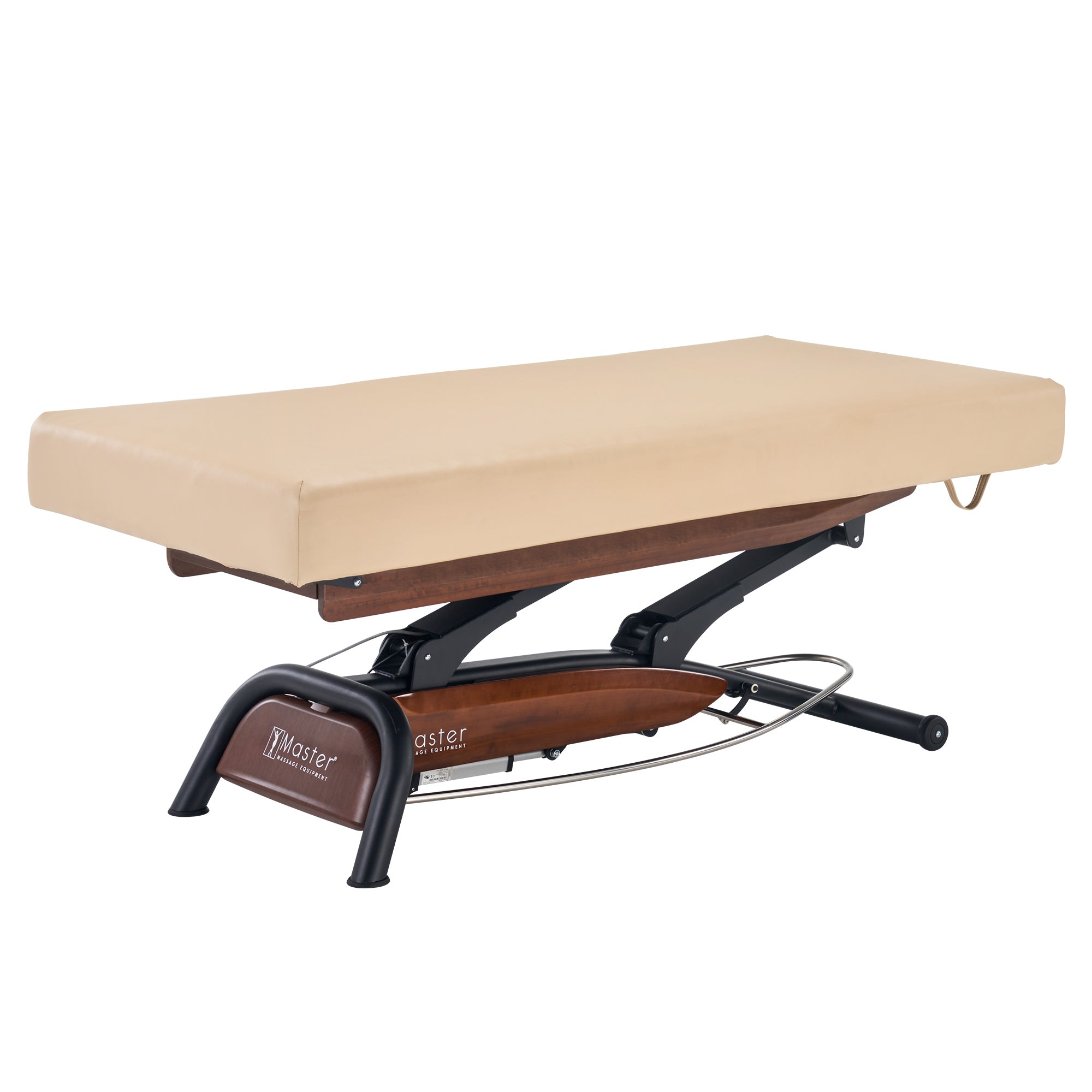 Master Massage Atlas Flat Electric Lift Bed with elevaFlex padding and wood-metal base in beige.