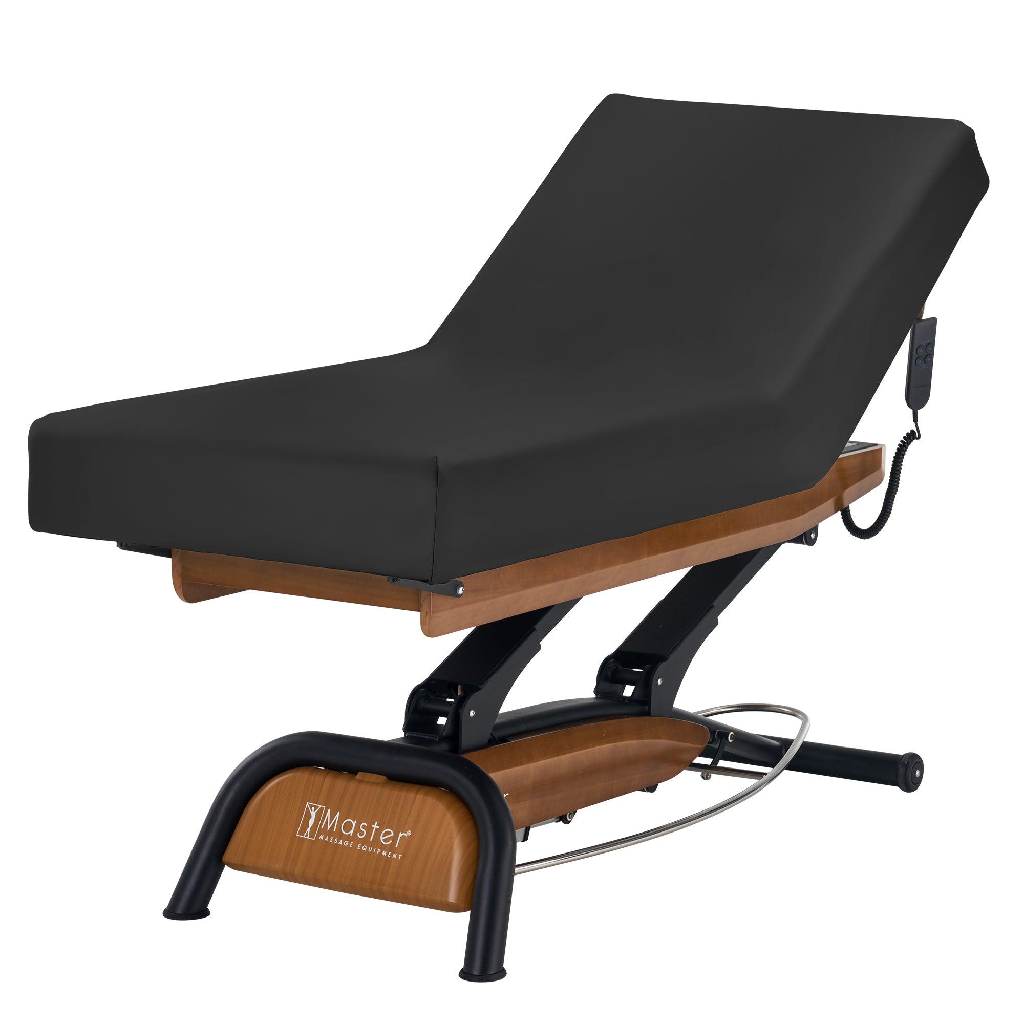 Master Massage Atlas Liftback electric spa bed with ElevaFlex padding and remote, wood base.