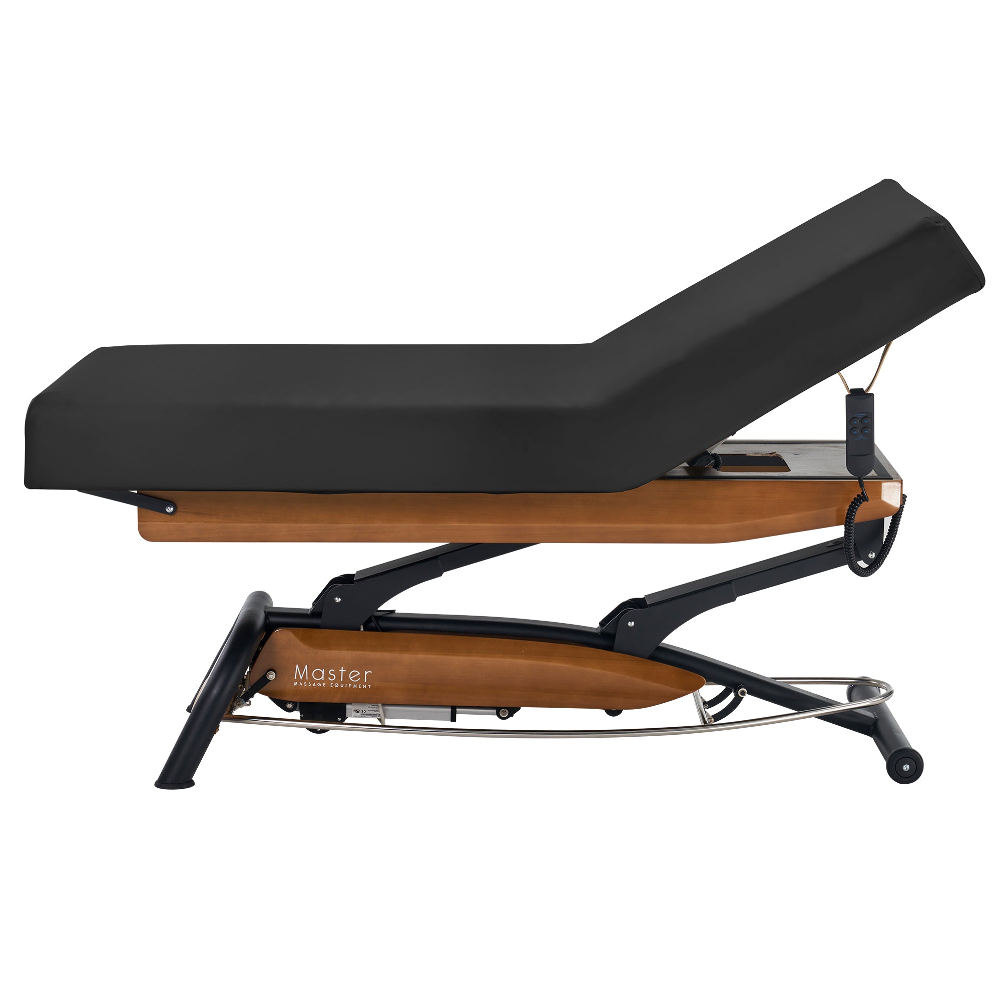 Master Massage Atlas Liftback Electric Lift Bed, black cushion, wood frame, side view.