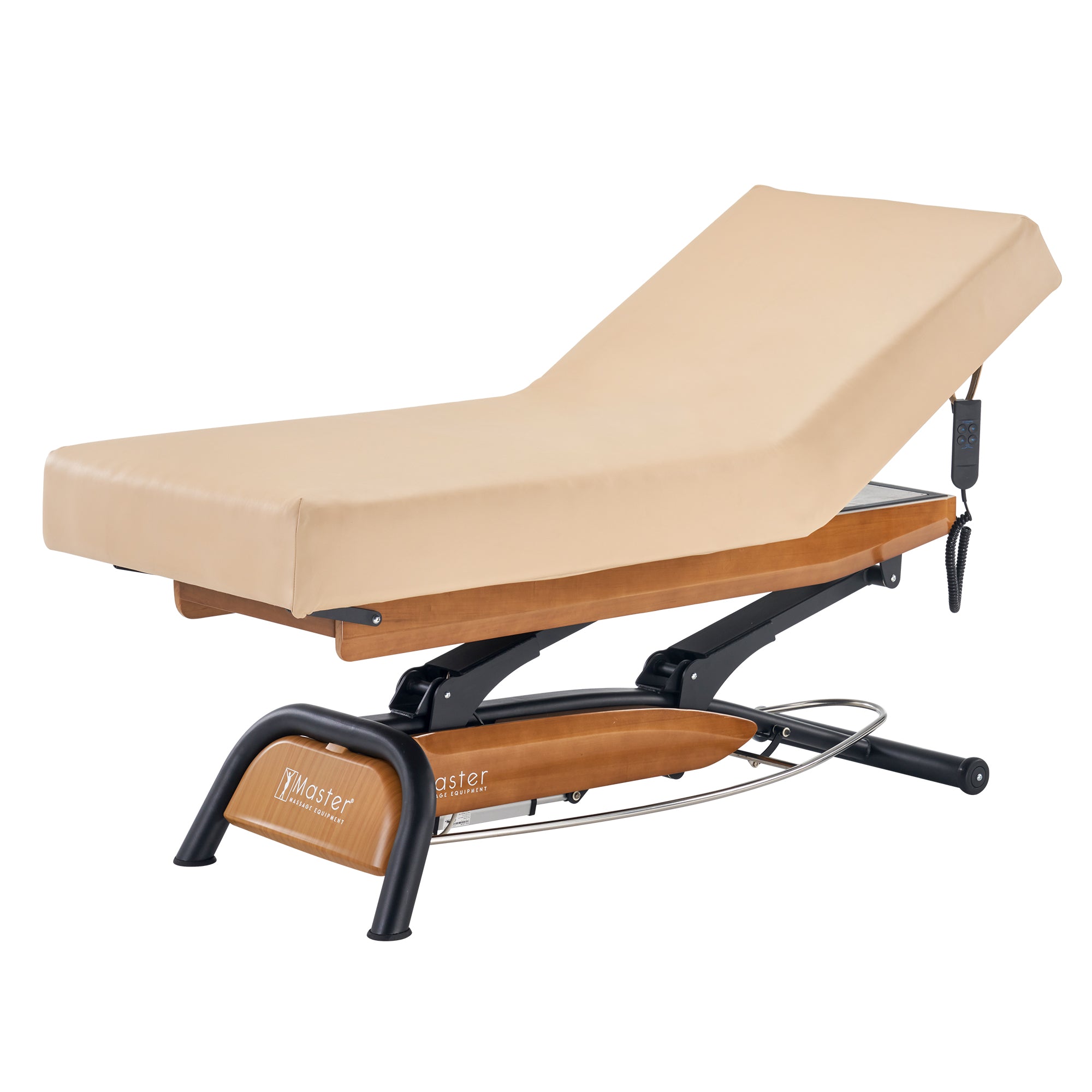 Master Massage Atlas Liftback electric spa bed, beige, wood base, ElevaFlex padding, remote control.