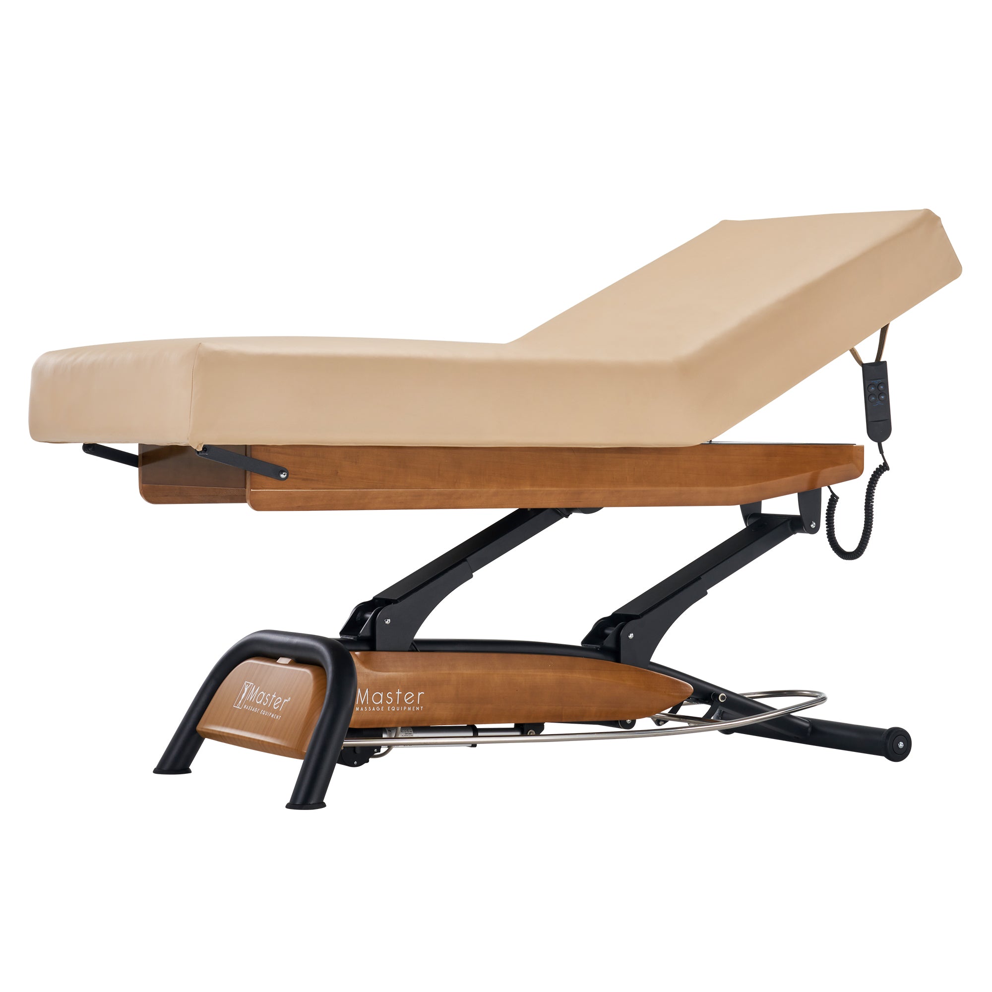 Master Massage Atlas Liftback spa bed with ElevaFlex, beige cushion, and remote control.