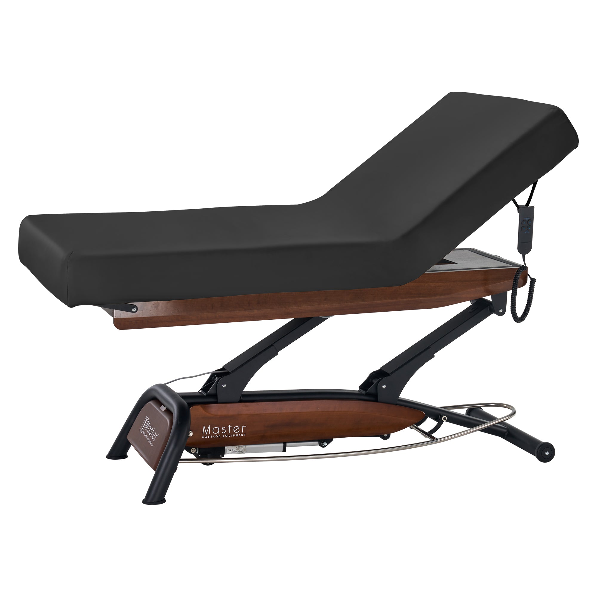 Master Massage Atlas Liftback electric spa bed with ElevaFlex padding and wood base, reclined.