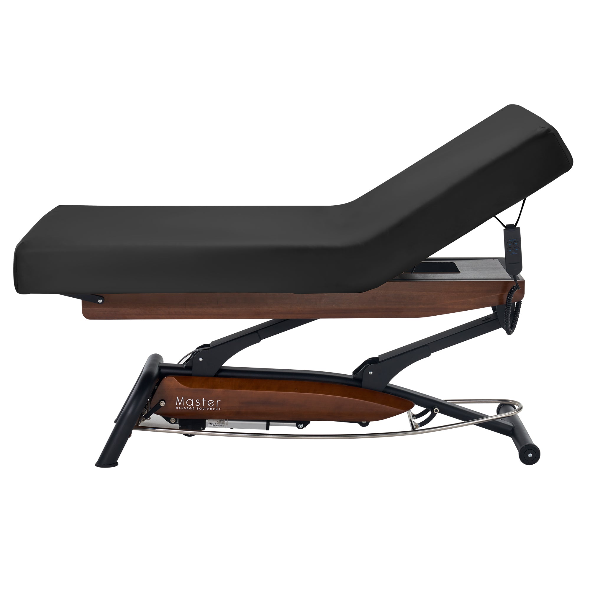 Master Massage Atlas Liftback Electric Spa Bed with wooden base and ElevaFlex padding, side view.