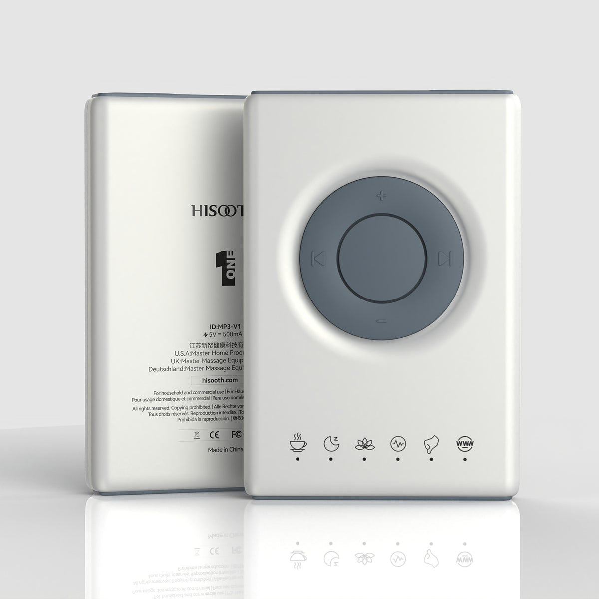 White VibroAcoustic Music Player with control panel and 'HISOOTH' branding on a light gray background