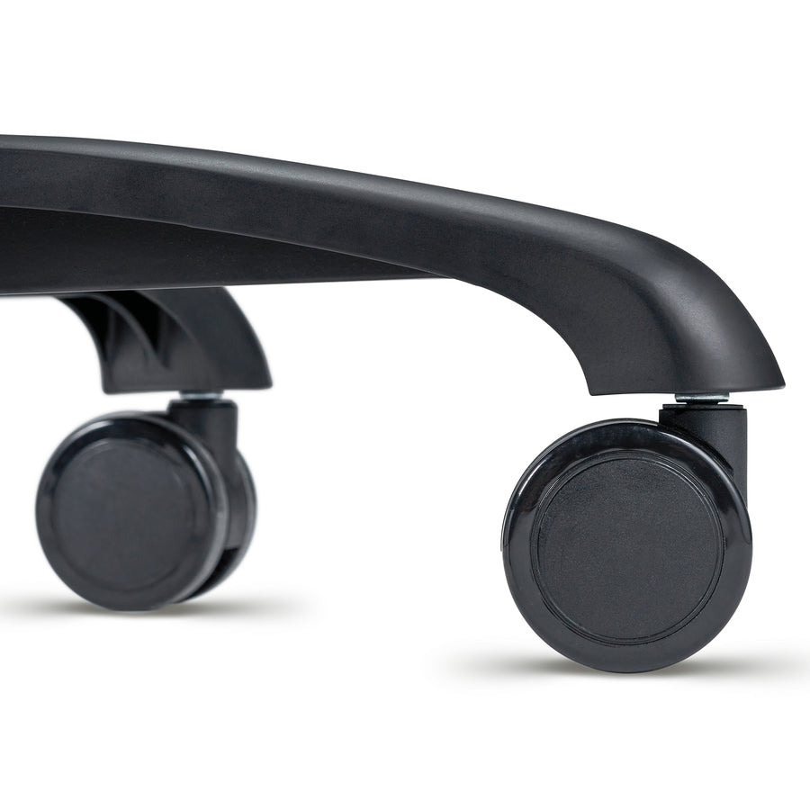 Close-up of a black chair with wheels on a white background