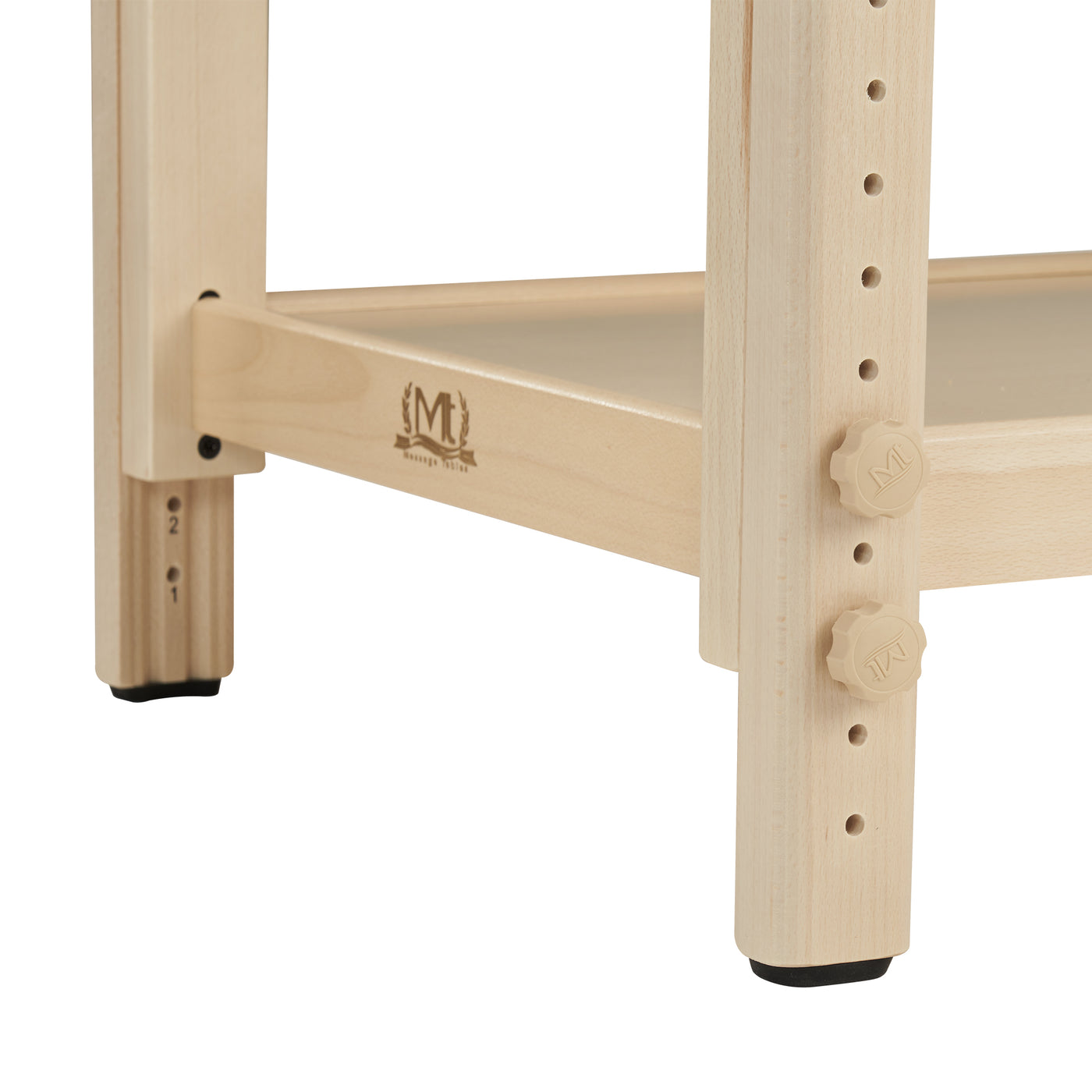 Close-up of MT HARVEY TILT massage table's adjustable wooden legs with knobs and height markings.