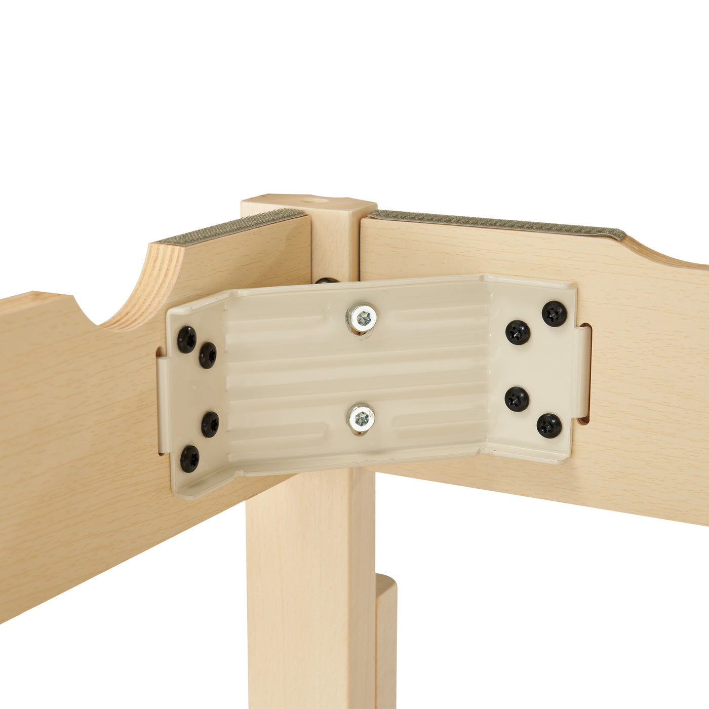 Close-up of MT Massage HARVEY TILT Table's beige bracket joining three light wood beams.