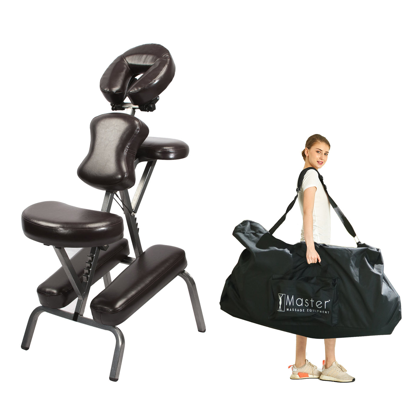 A Master Massage BEDFORD Portable Massage Chair sits beside a woman holding its carrying bag.