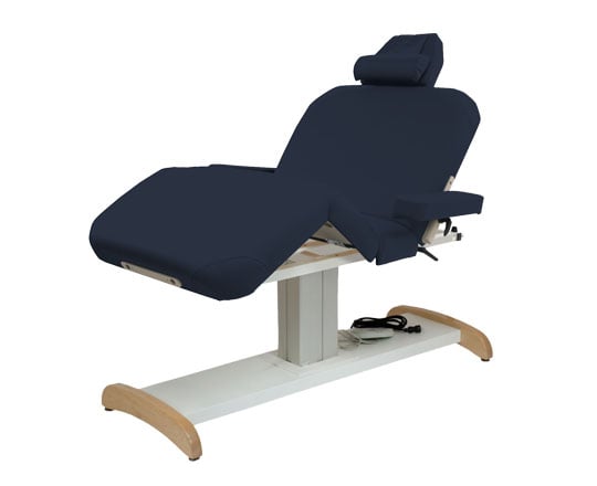 Agate blue Majestic Deluxe massage table with wooden legs on a white background