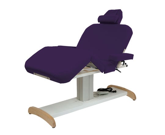 Purple Majestic Deluxe massage table with wooden legs on a white background