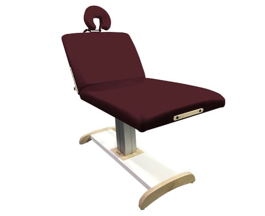 Burgundy Majestic Lift massage table with a white base on a white background