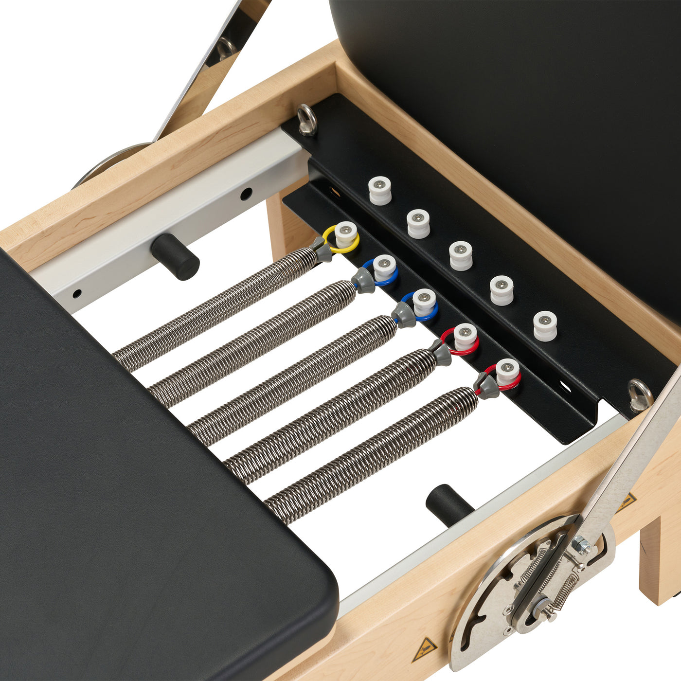 Close-up of a Pilates reformer machine 