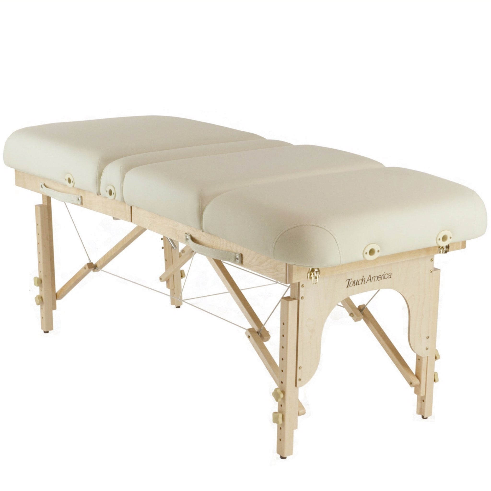 TouchAmerica Portable MULTIPRO massage table with wooden frame and cream padded upholstery.