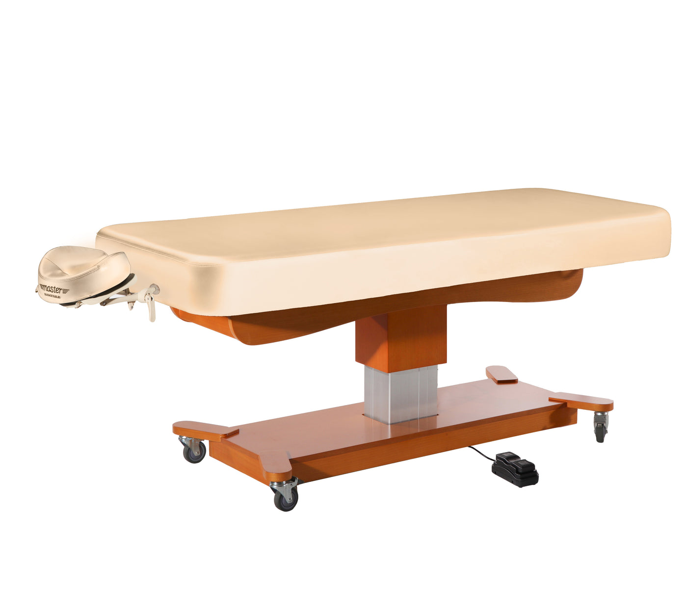 MT MAXKING Comfort Power Lift massage table by MT with beige cushion, wood base, wheels, cradle.
