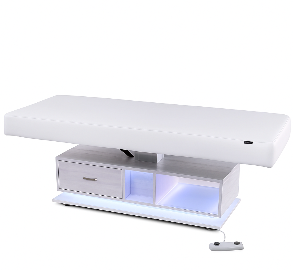 EarthLite Everest Eclipse 2.0 flat table with drawers, Strata cushioning, and LED lighting.