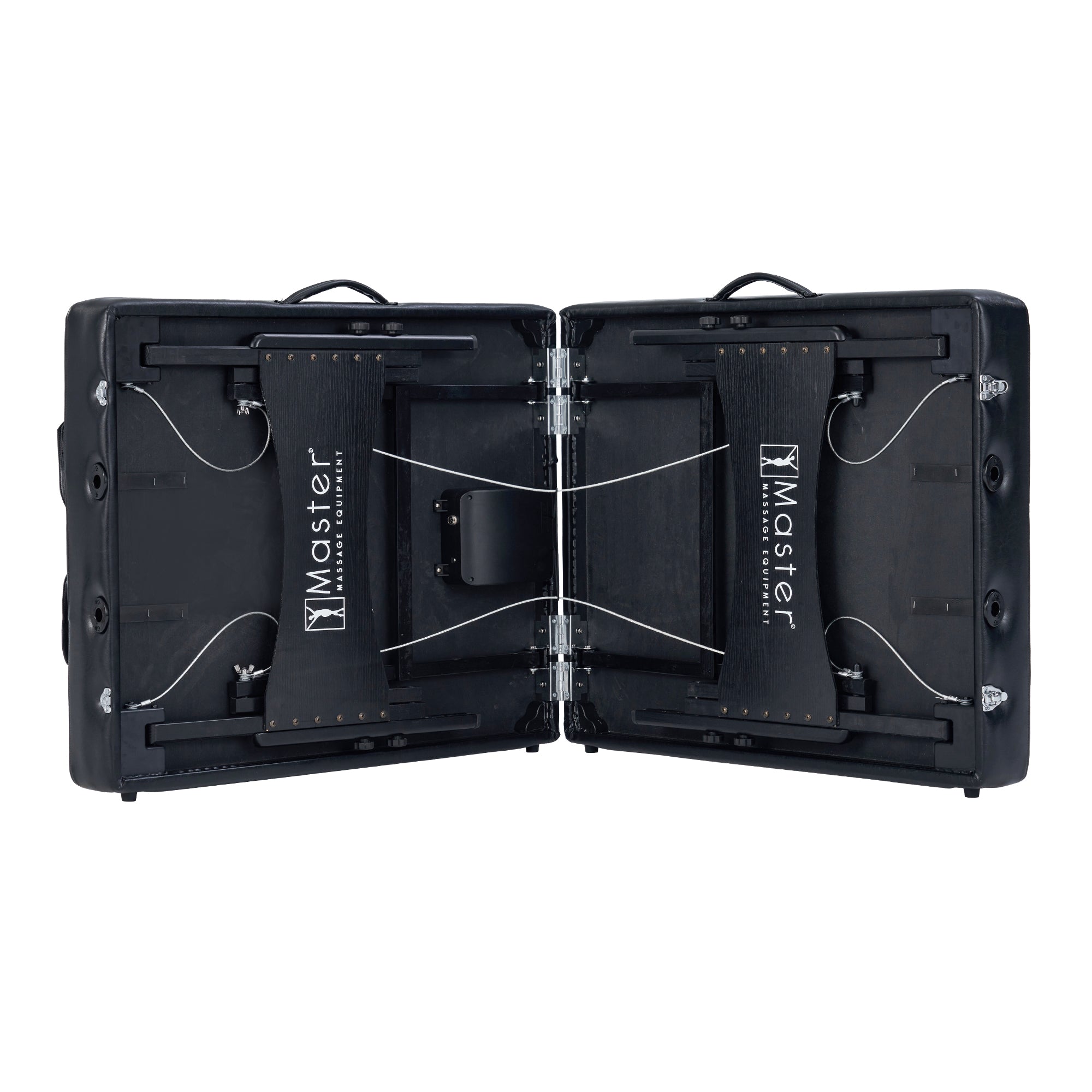 Open Master Massage MONACO Airwave table in black with visible hinges, straps, and logo inside.
