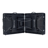 Open Master Massage MONACO Airwave table in black with visible hinges, straps, and logo inside.