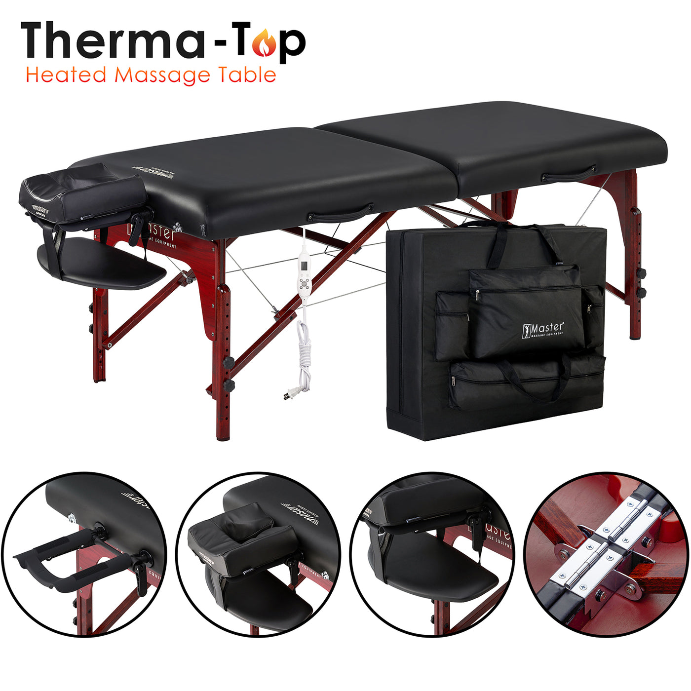 Master Massage MONTCLAIR Therma-Top table: heated, memory foam, face cradle, armrest, case.
