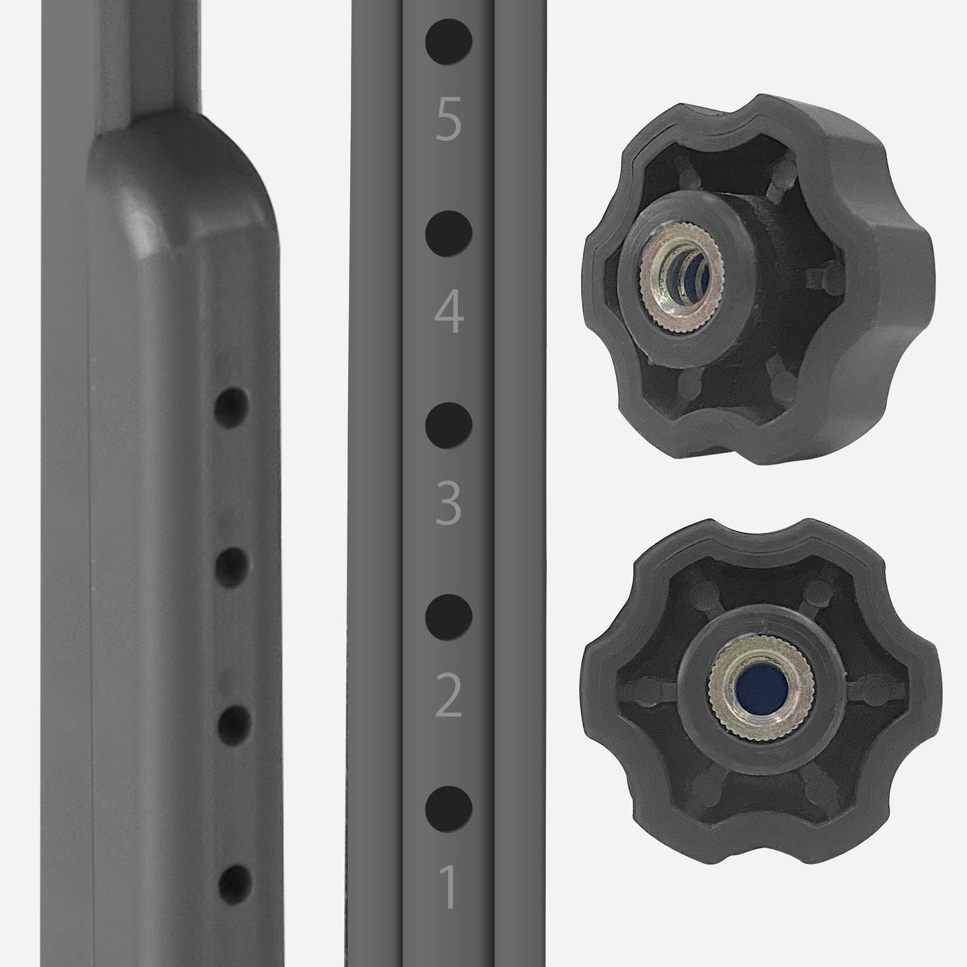 Close-up of Master Massage Montclair Pro LX table’s adjustable metal pole with numbered holes.