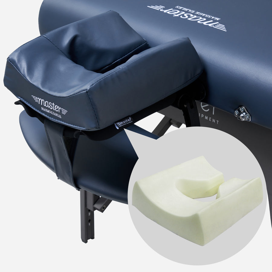 Master Massage Montclair Pro LX blue portable table with detachable face cradle and foam cushion.