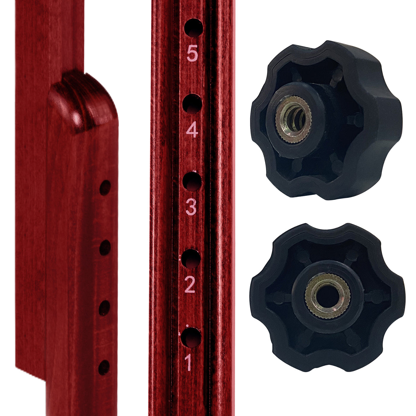 Close-up of a red adjustment pole with black knobs on the Master Massage MONTCLAIR Table.